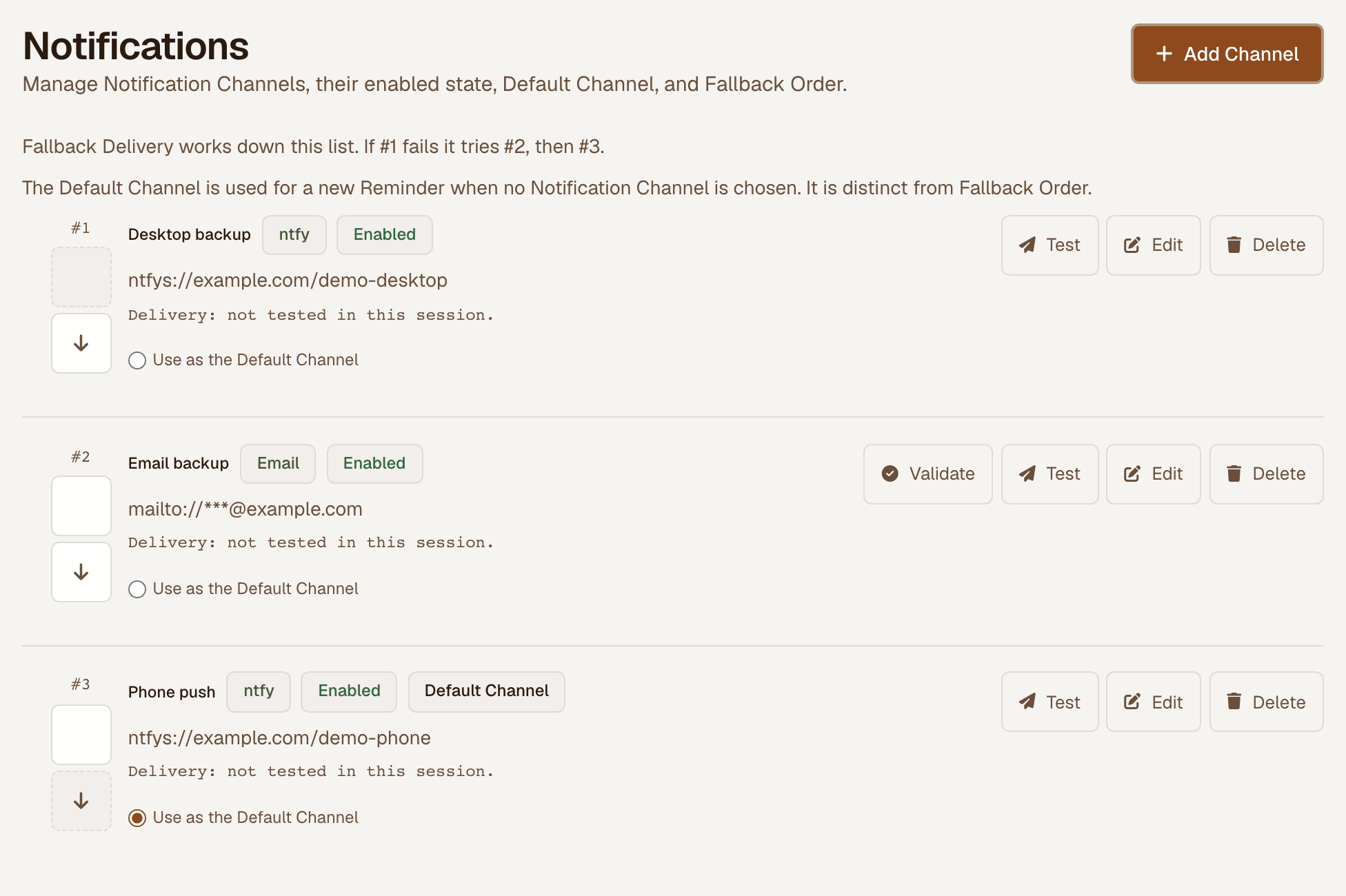 Notification channels showing the default destination and fallback delivery order.