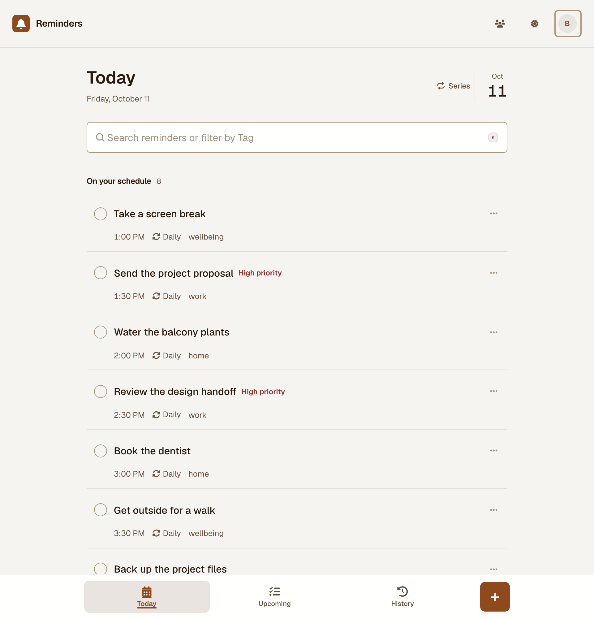 A populated Today view with personal and work reminders, priorities, and tags.