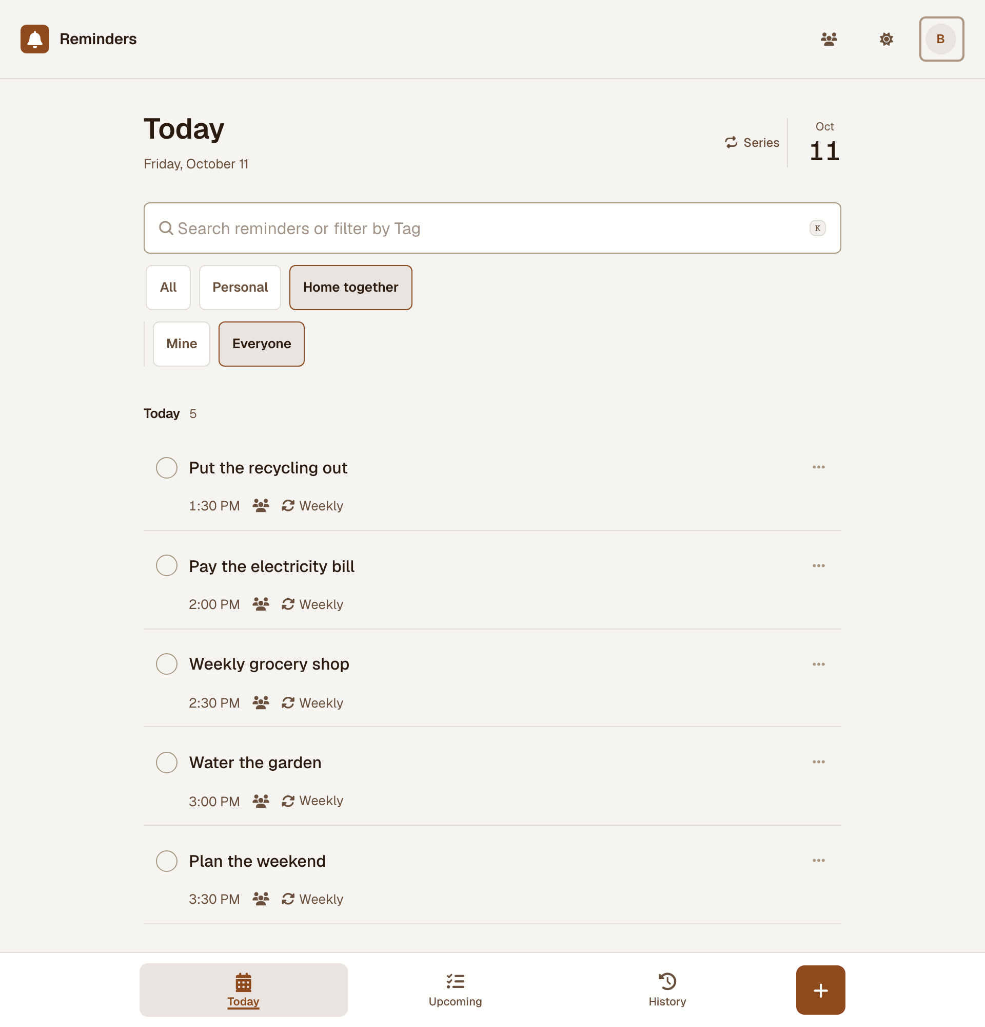 A shared group's reminder list with recurring tasks.