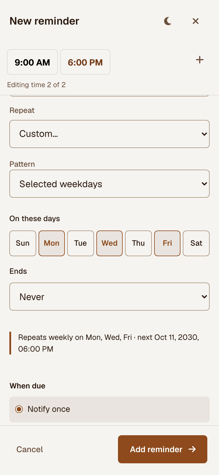 Mobile custom recurrence controls with selected weekdays.