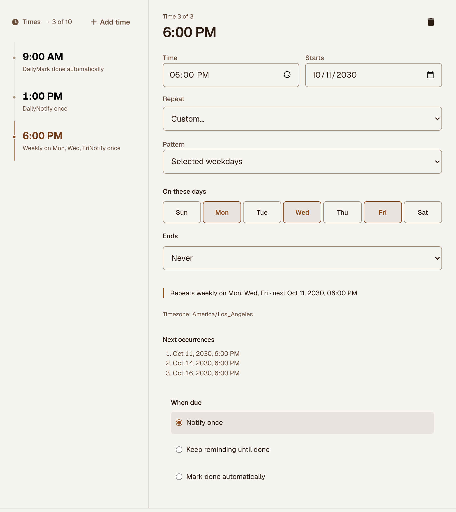 One reminder with three scheduled times and independent repeat and due-action settings.