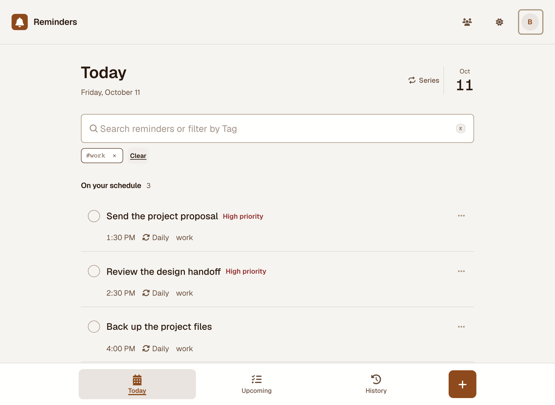 Reminder search filtered to work, with matching tagged tasks.